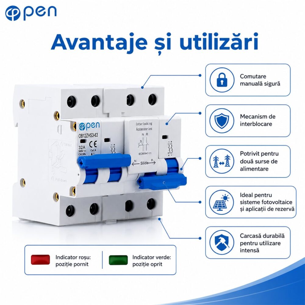 Comutator manual de transfer 2P+2P 32A cu interblocare OPEN – caracteristici și detalii tehnice