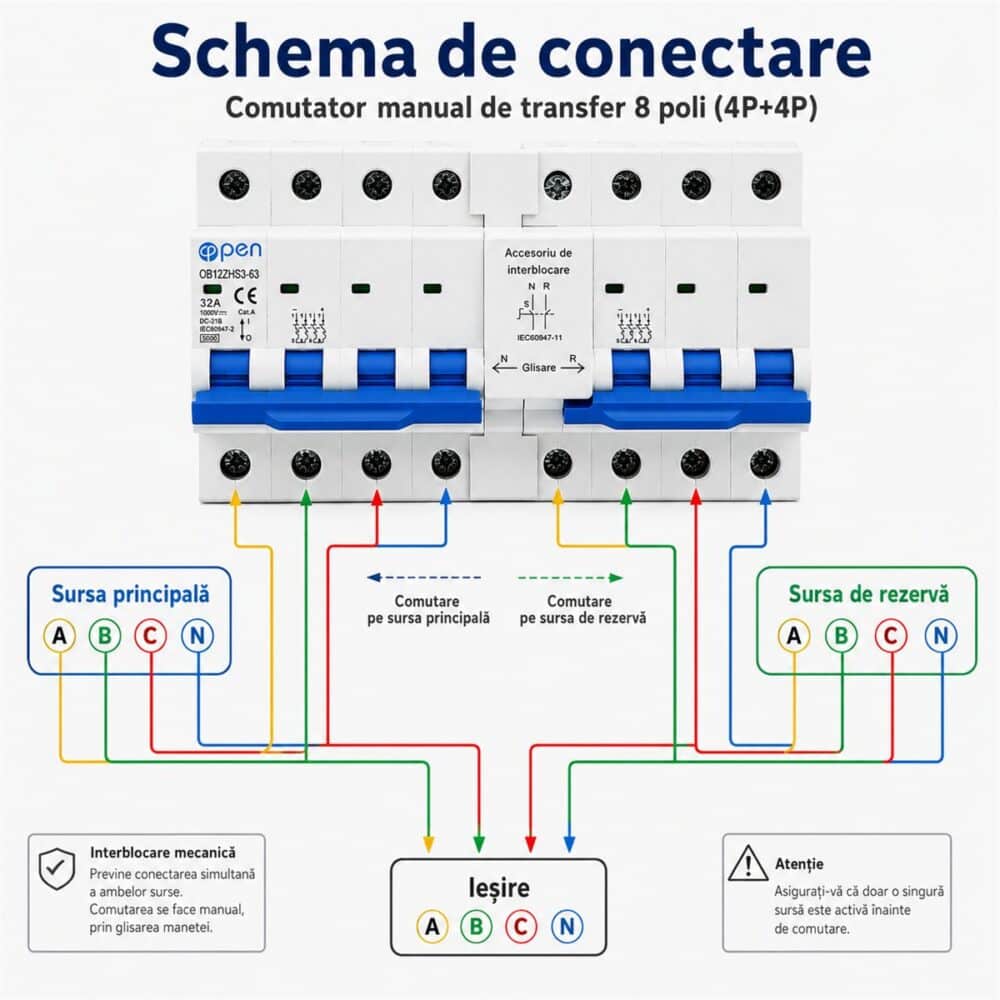 Comutator manual de transfer 4P+4P 32A 1000V cu interblocare OPEN – caracteristici și detalii tehnice