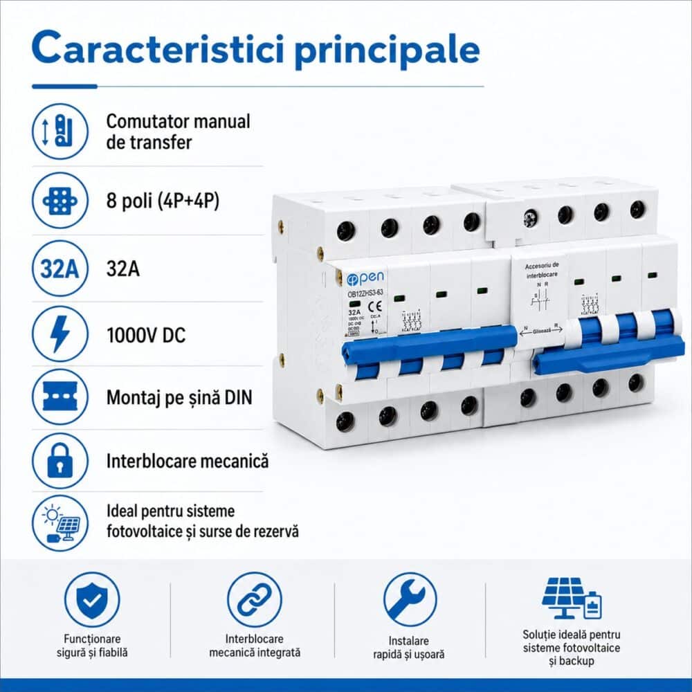 Comutator manual de transfer 4P+4P 32A 1000V cu interblocare OPEN – caracteristici și detalii tehnice