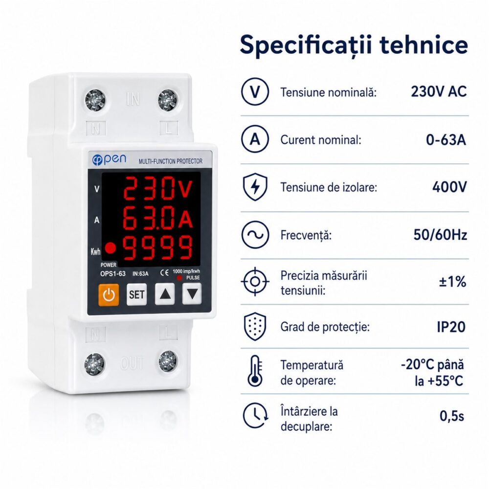 Releu protecție tensiune monofazat 63A OPEN – caracteristici și detalii tehnice