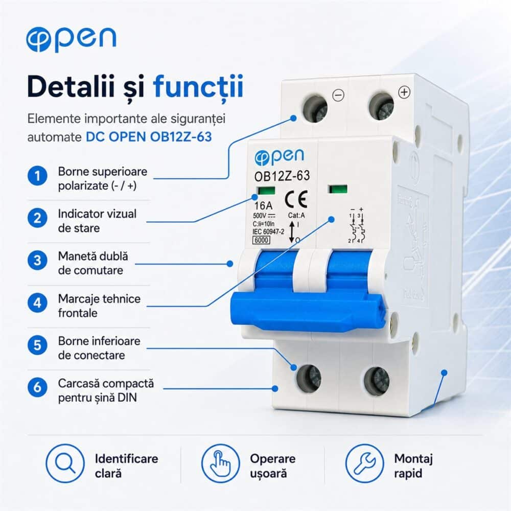Siguranță automată DC 16A 2 poli 500V OPEN – caracteristici și detalii tehnice