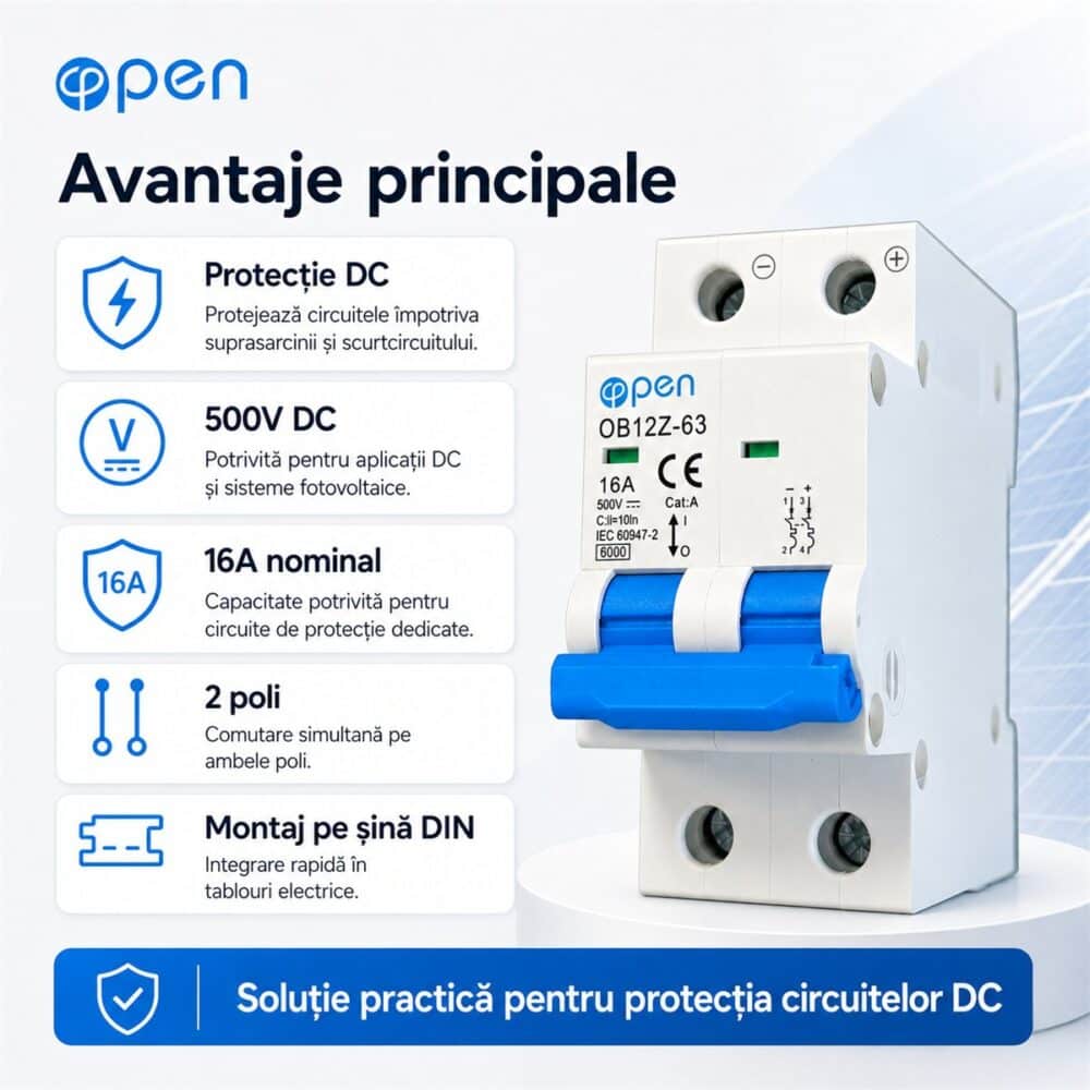 Siguranță automată DC 16A 2 poli 500V OPEN – caracteristici și detalii tehnice