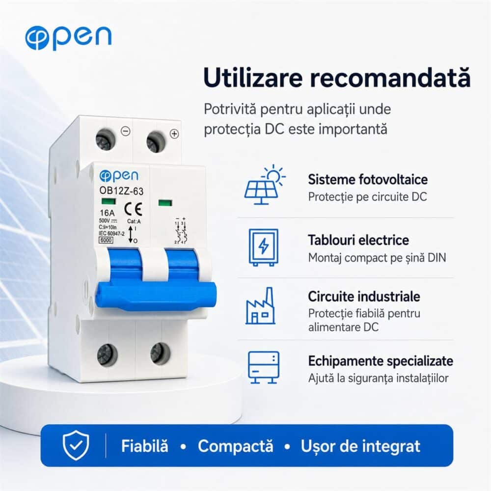 Siguranță automată DC 16A 2 poli 500V OPEN – caracteristici și detalii tehnice