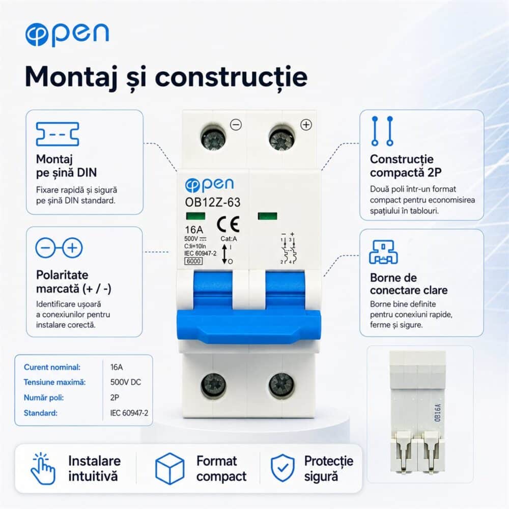 Siguranță automată DC 16A 2 poli 500V OPEN – caracteristici și detalii tehnice