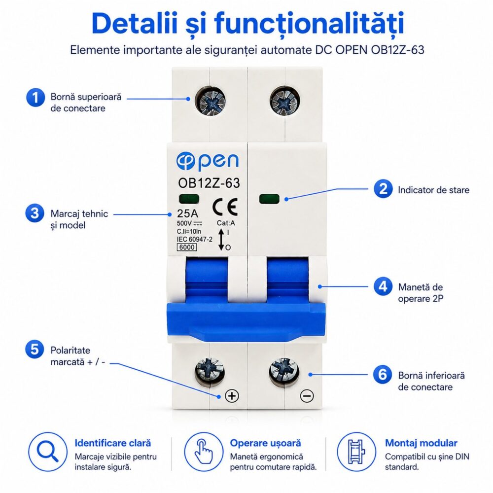 Siguranță automată DC 25A 2 poli 500V OPEN – caracteristici și detalii tehnice