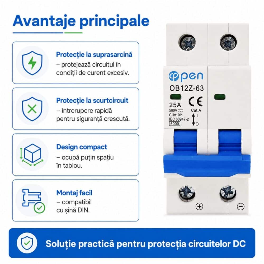 Siguranță automată DC 25A 2 poli 500V OPEN – caracteristici și detalii tehnice