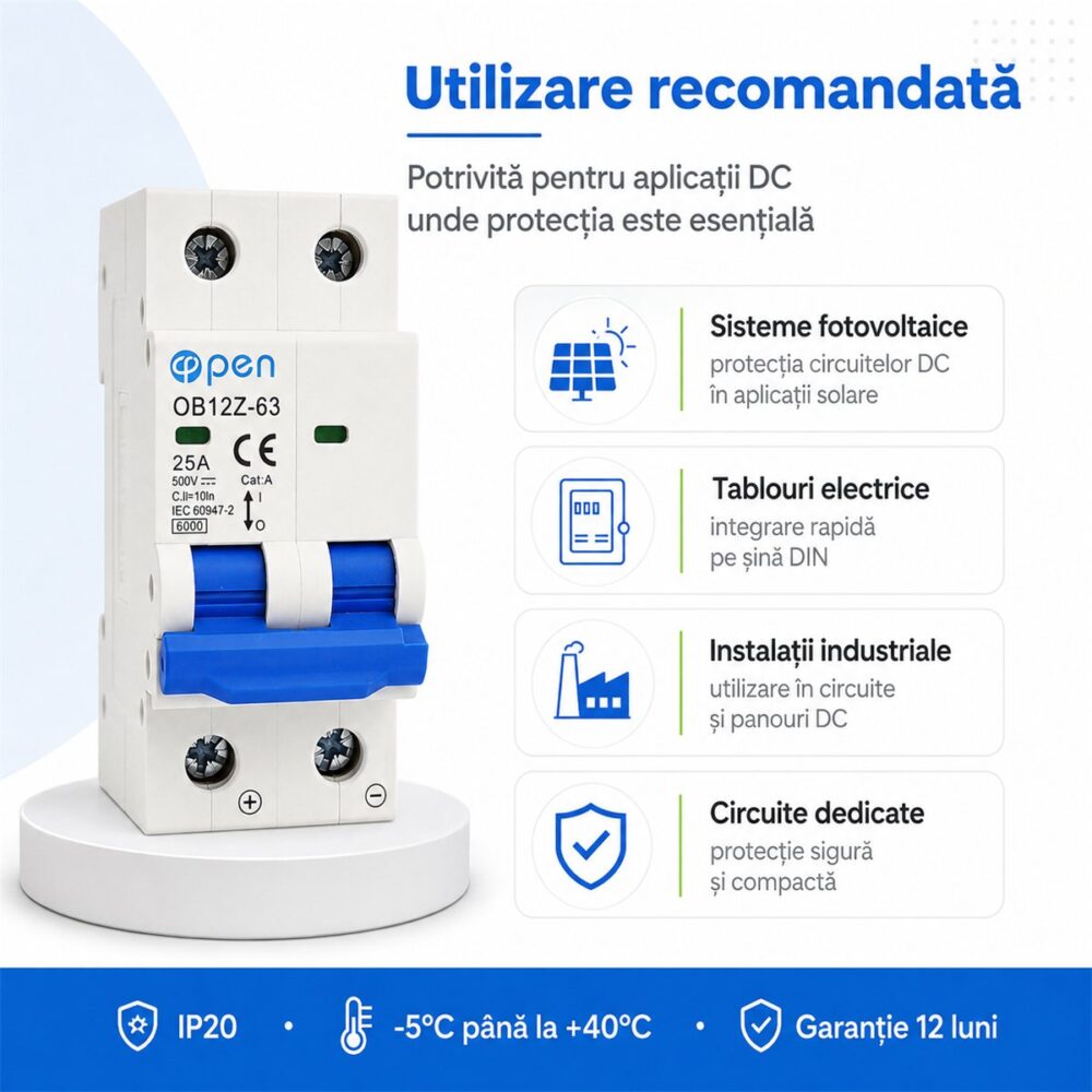 Siguranță automată DC 25A 2 poli 500V OPEN – caracteristici și detalii tehnice