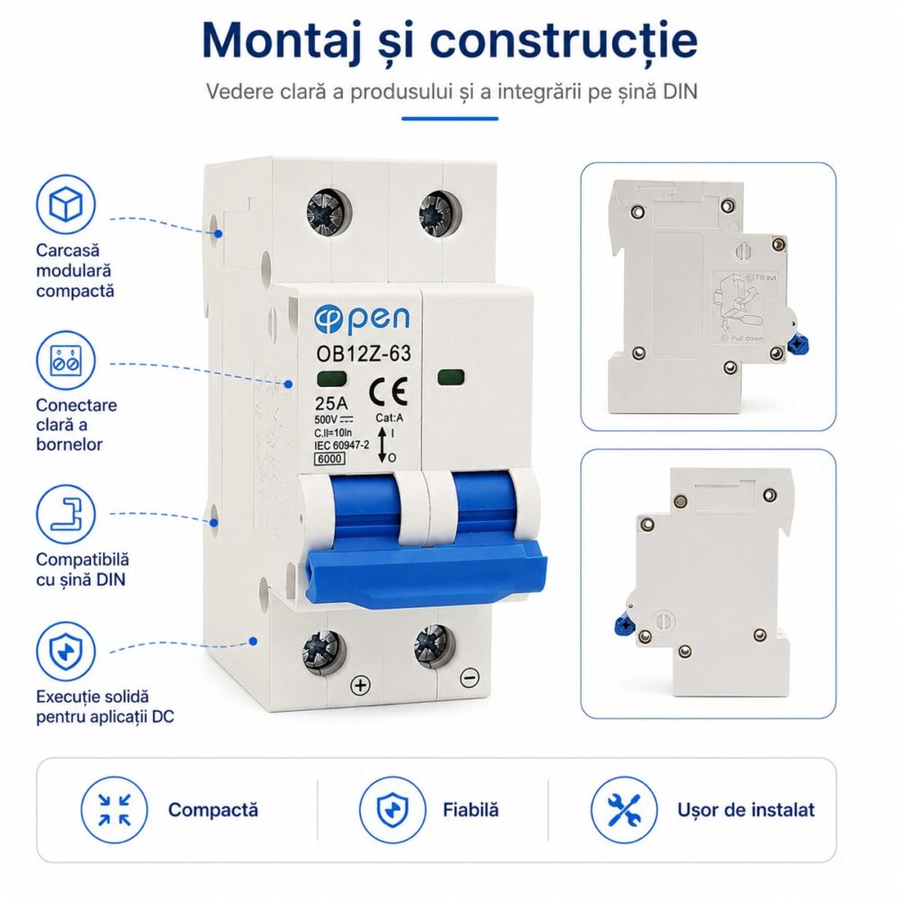 Siguranță automată DC 25A 2 poli 500V OPEN – caracteristici și detalii tehnice