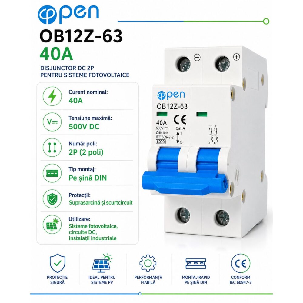 Siguranță automată DC 40A 2 poli 500V OPEN – caracteristici și detalii tehnice