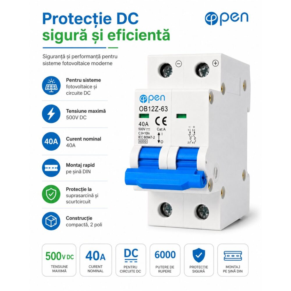 Siguranță automată DC 40A 2 poli 500V OPEN – caracteristici și detalii tehnice